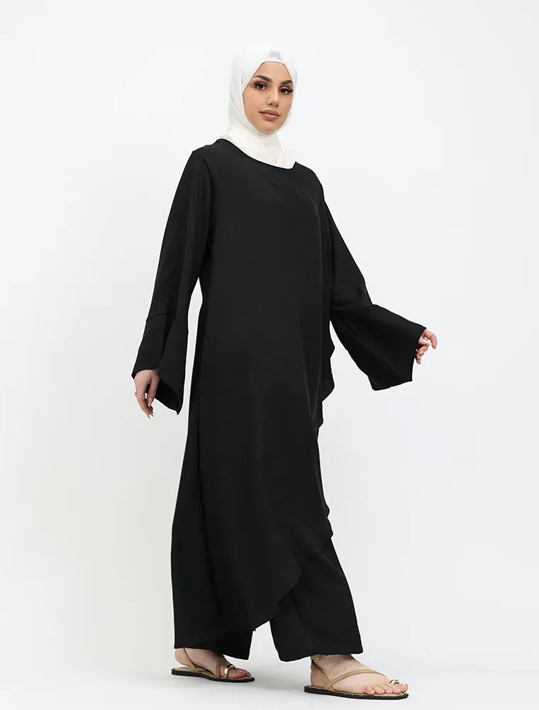 Black Linen Feel Wrap Co Ord Set